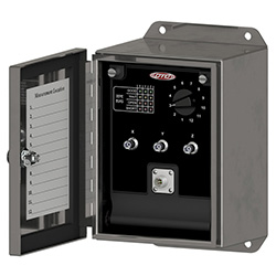 A render of a CTC JB130 standard size, stainless steel iBox enclosure shown with front lid unlatched.